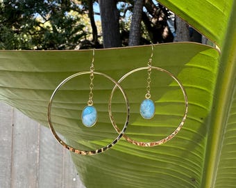 Larimar Hoop Dangle Earrings // Larimar Circle Earrings // Boho Crystal Larimar Hoop Earrings // Gold Hoop Blue Crystal Earrings //