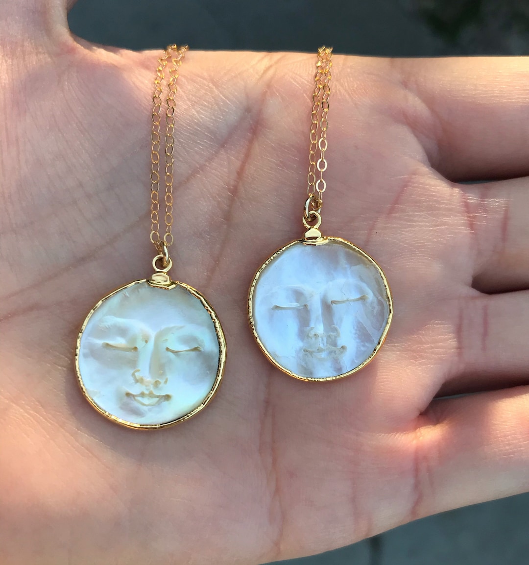 Moon Necklace // Man in the Moon Shell Necklace // Gold Moon Necklace // Full Moon Necklace
