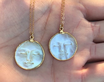 Moon Necklace // Man in the Moon Shell Necklace // Gold Moon Necklace // Full Moon Necklace