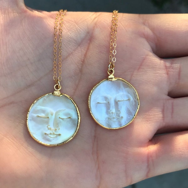 Moon Necklace // Man in the Moon Shell Necklace // Gold Moon Necklace // Full Moon Necklace