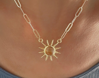 Citrine Sun Necklace Gold | Abundance Crystal Necklace | November Birthstone Jewelry | Manifestation & Prosperity Stone | Dainty Gold Pendan