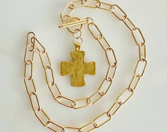 Hammered Gold Cross Necklace: Chunky Square Cross Paperclip Chain Necklace