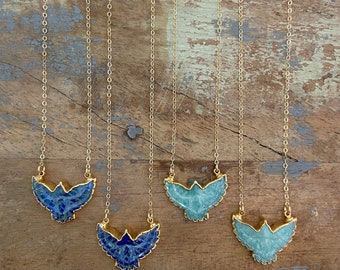 Thunderbird Gold Necklace // Phoenix Bird Necklace // Lapis Amazonite Necklace // Crystal Bird Necklace // Gift for Her // Carved Bird