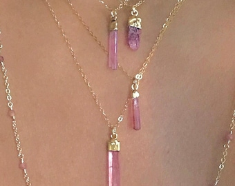 Pink Tourmaline Gold Necklace /Pink Tourmaline Pendant Necklace // Waterproof Necklace // Pink Tourmaline Bar Necklace
