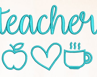 Teacher Embroidery Design Apple Heart Coffee