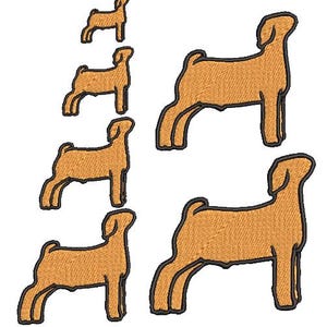 May include: Five brown silhouette outlines of goats of different sizes, arranged in a staggered pattern. The goats are facing to the right.