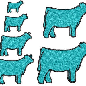 May include: Five blue silhouette outlines of cows of different sizes. The largest cow is at the top of the image and the smallest cow is at the bottom. The cows are all facing the right side of the image.