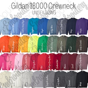 Gildan 18000 Color Card Options, Crewneck Color Chart