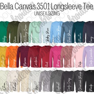 Opzioni della cartella colori Bella Canvas 3501, cartella colori della maglietta a maniche lunghe