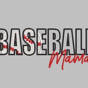 May include: A design featuring the text "BASEBALL Mama". The word "BASEBALL" is in black block letters with a baseball design. "Mama" is in red cursive script. The background is a solid grey colour.