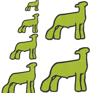 May include: Five green silhouette outlines of sheep in different sizes, arranged vertically from smallest to largest.