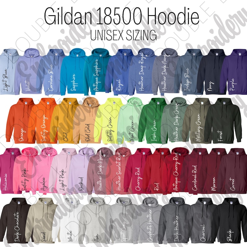 May include: A display of Gildan 18500 hoodies in various colors, including light blue, orange, green, and purple. The text "Gildan 18500 Hoodie" and "UNISEX SIZING" are at the top. The hoodies are arranged in rows, showcasing a wide range of available colors.
