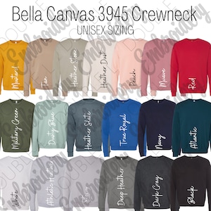 Opciones de tarjeta de color Bella Canvas 3945, carta de colores de cuello redondo