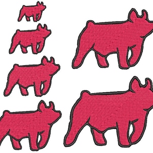 May include: Five different sizes of red pig silhouettes. The pigs are outlined in black and are in various poses.