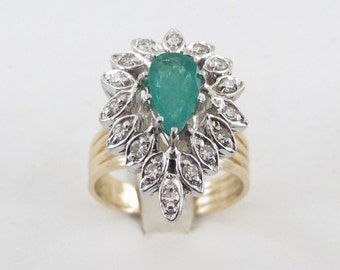 14K Yellow Gold Diamond And Emerald Ring - Elegant Gemstones Vintage Ring