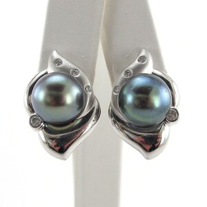 Diamond And Tahitian Black Earrings South Sea Pearl 18k White Gold image 1