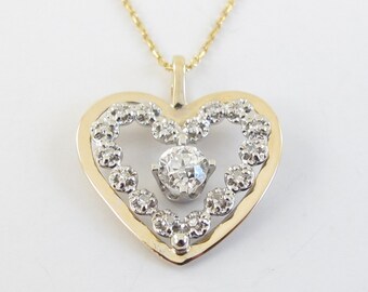 14K Yellow Gold Diamond Heart Necklace 16" 18" 20" - Elegant Two Tone Heart With Cable Chain