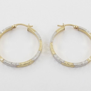 14k Yellow Gold Hoop Earrings - Two Tone Diamond Cut Hoops 2.6 grams