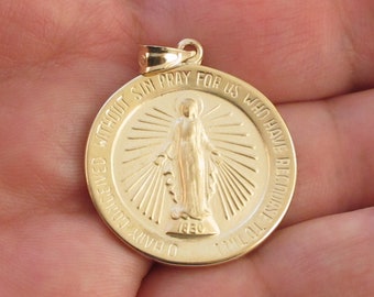 Real 14k Solid Yellow Gold Virgin Mary Charm Pendant - Miraculous Medal Pendant