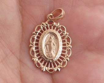 Virgin Mary Miraculous Pendant 14k Solid Rose Gold