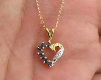Diamond And Sapphire Heart Necklace 14k Yellow Gold 16" 18" 20"