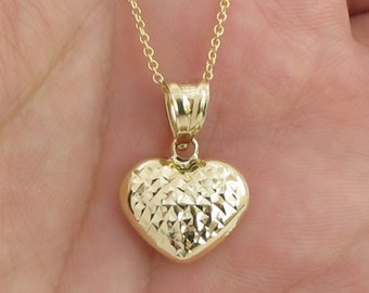 14k Yellow Gold Heart Necklace 16", 18", 20" - Stylish Sparkling Diamond Cut Heart