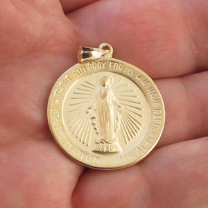 Real 14k Solid Yellow Gold Virgin Mary Charm Pendant - Miraculous Medal Pendant