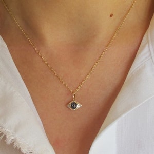 14k Gold Evil Eye Necklace: Diamond & Sapphire Good Luck Charm