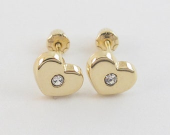 14k Yellow Gold Stud Earrings Screw Back - Cubic Zirconia In The Center