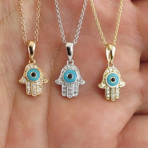 Hamsa Hand OF God Evil Eye Diamond Necklace 14k Yellow Gold 16&quot; 18&quot; 20&quot; Cable chain - Good Luck Necklace With Genuine Turquoise and Sapphire