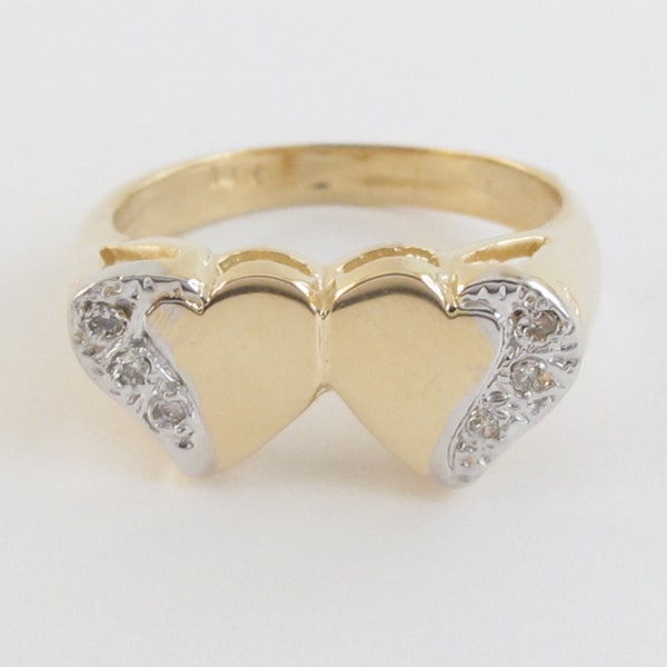 Diamond Double Heart Ring 14k Yellow Gold - Great Gift For Birthday Or Valentines - Engravable