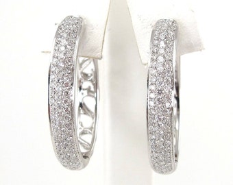 Diamond Hoop Huggie Earrings 14k White Gold Micro Pave Design 1.50 carats