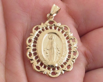 Vintage 14k Gold Miraculous Medal Large Virgin Mary Charm Gold Mother Mary  Pendant Ladies Catholic Religious Medal 