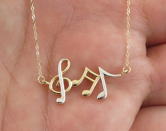 14k Gold Musical Note Necklace: Two-Tone Yellow & White Gold
