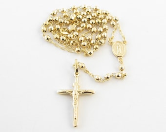 14k Yellow Gold Rosary Beads Necklace 18 20 24 Virgin Mary Jesus Cross 3 Mm Balls Etsy