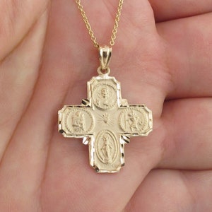 14k Solid Yellow Gold 4 Way Saints Cross Charm Pendant Necklace 16&quot;, 18&quot;, 20&quot;