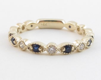 14k Gold Diamond And Sapphire Wedding Band Ring  - Yellow Gold Eternity Band