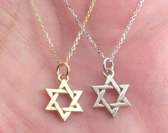 14k Solid Gold Jewish Star Of David Charm Necklace 16" 18" 20" - Available In Yellow And White Gold