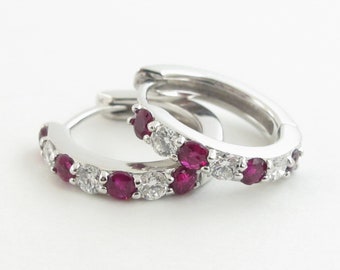 Diamond And Ruby Hoop Earrings 14k White Gold - Wonderful Dainty Huggies