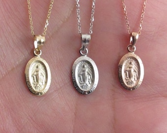 14k Solid Gold Virgin Mary Pendant Necklace