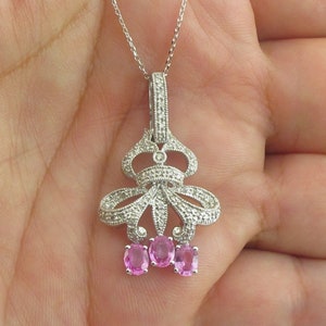 18k White Gold Diamond And Pink Sapphire Pendant Necklace 16&quot; 18&quot; 20&quot;