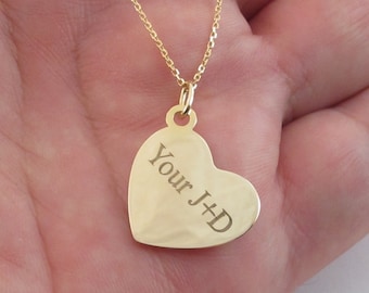 14k Solid Yellow Gold Heart Necklace - Shiny Engravable Necklace - Dainty Love Necklace