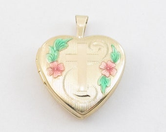 14k Yellow Gold Floral Cross Heart Locket Pendant - Beautiful Hand Engraved Photo Locket - Engravable
