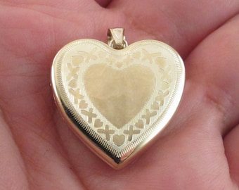 14k Yellow Gold Heart Locket Pendant - Nice X Heart Photo Locket - Engraving Available