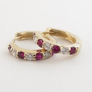 Diamond And Ruby Hoop Earrings 14k Yellow Gold - Wonderful Huggie Earrings