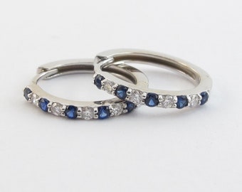 14k White Gold Diamond And Sapphire Hoop Earrings