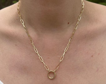 14k Yellow Gold Round Push Clasp Paperclip Necklace - A Great Necklace For Charm Addition - 18&quot; , 3.4 mm Wide Links