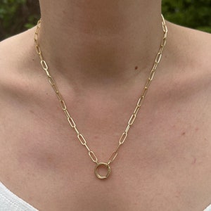 14k Yellow Gold Round Push Clasp Paperclip Necklace - A Great Necklace For Charm Addition - 18" , 3.4 mm Wide Links