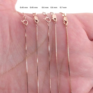 14Kソリッドローズゴールドボックスチェーンネックレス 16インチ 18インチ 20インチ 24インチ - 0.45 mm、0.6 mm、0.7 mm - 女性のための光沢のある繊細なチェーン