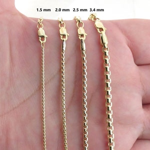 Solid 14k Yellow Gold Round Box Chain Necklace - 16&quot; To 24&quot;- 1.5 mm , 2.0 mm , 2.5 mm , 3.4 mm - Shiny Unisex Chain